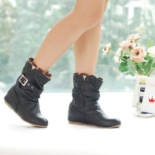 main image12022 new Women Boots Fashion Autumn Sweet Shoes Woman PU Leather Casual Buckle Lace Vintage Ankle