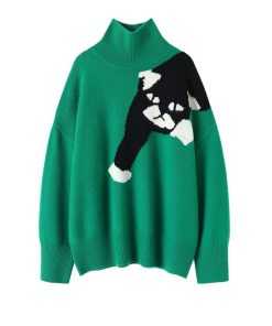 main image1Fashion Women Turtleneck Pullover Sweater Loose Cartoon Cat Knitted Sweater Vintage Long Sleeve Lady Pullovers Green