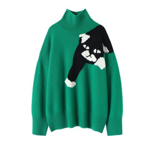 main image1Fashion Women Turtleneck Pullover Sweater Loose Cartoon Cat Knitted Sweater Vintage Long Sleeve Lady Pullovers Green