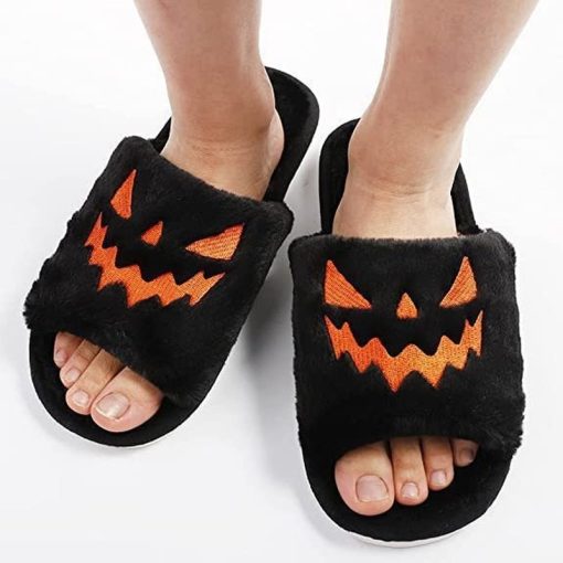 main image1Halloween Pumpkin Lantern Slippers 2022 Autumn Soft Furry Comfort Closed Toe Slides Women Size 43 Outdoor