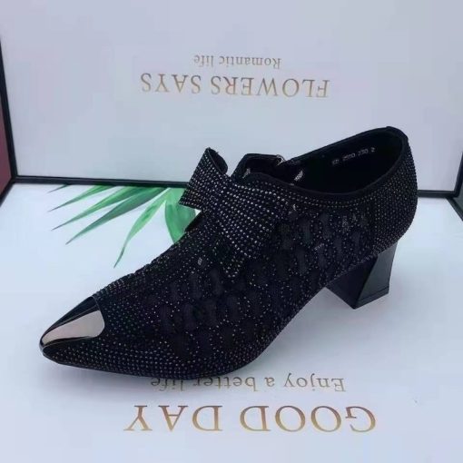main image1Hollow Mesh Shoes Women s 2022 Summer Fashion Rhinestone Square Heel Pointed Toe Size 43 Zipper