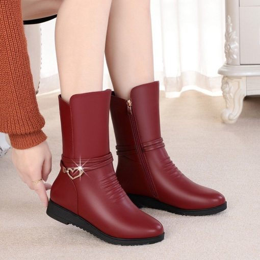 main image1Leather Women 2022 Autumn Winter Thick Wool Lined Genuine Snow Ankle Short Boots Soft Bottom Flat