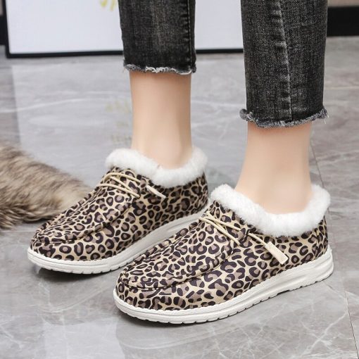 main image1Leopard Print Dude Shoes Women Comfort Flats Slip On Mujer Zapatillas Winter Warm Plush Vulcanize Sneakers