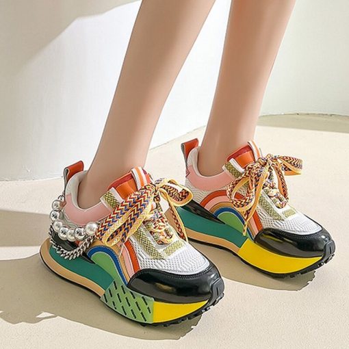 main image1New Lace Up Iridescent Pearl Chain Decorative Women s Vulcanized Shoes Women s Platform Sneakers Zapatos