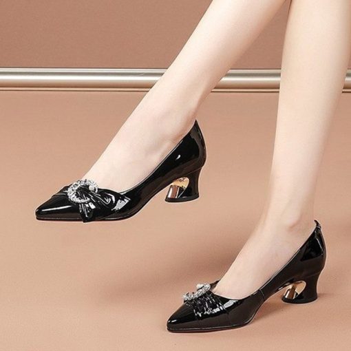 main image1Plus Size 35 42 Women Pumps Pearls Patent Leather Boat Shoes Med Heels Dress Shoes Moon