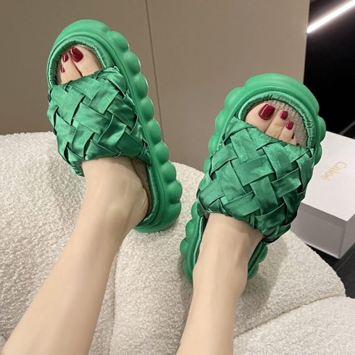 main image1Rimocy Design Weave Satin Platform Slippers for Women 2022 Summer Breathable Linen Sandals Woman Thick Soled