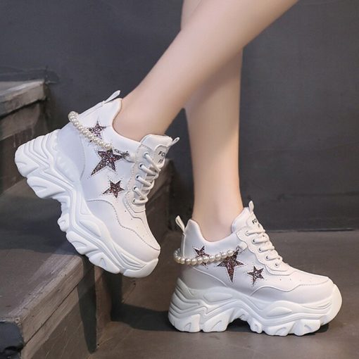 main image1Rimocy Shiny Sequins Chunky Platform Sneakers Women Breathable Lace Up Height Increase Shoes Woman Fashion Pearl