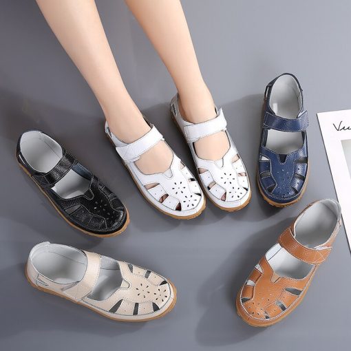 main image1Split Leather Big Size EU42 Female Sandals High Quality Mom Casual Flat Shoes Woman Summer Sandals