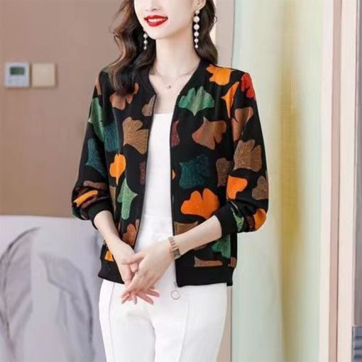 main image1Spring Autumn Casual Fashion Print Zipper Coat Female Oversized All match Pocket Cardigan Top Streetwear Jacket