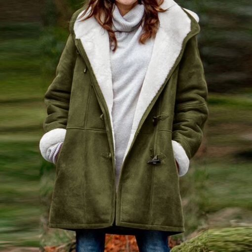 main image1Vintage Oversized Coats Winter Padded Jacket Women Long Sleeve Horn Buckle Pocket Overcoat Hooded Warm Coats