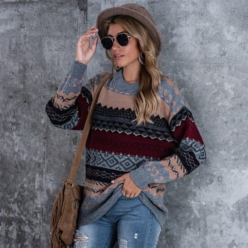 main image1Women Sweater Fall Winter Lazy Wind Pullover Loose Round Neck Long Sleeve Retro Korean Style Knitted