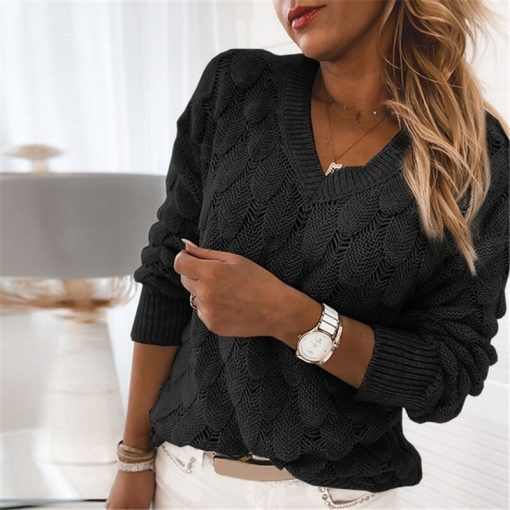 main image1Women V Neck Solid Knitted Casual Sweater Female Fashion Autumn Winter Pullover Loose Long Sleeve Jumpers