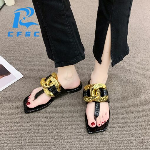 Women's Casual Metal Buckle Slippers 2022 New Fashion Clip Toes Sexy Sandals Flip Flops Ladies Slides Large Size 43 Women Shoes