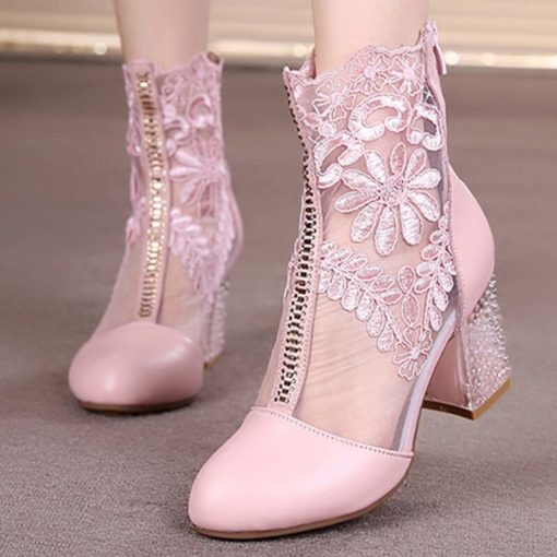 main image1Women s Spring Shoes Ladies Lace Genuine Leather Fashion Boots Female High Heels Round Toe Mid