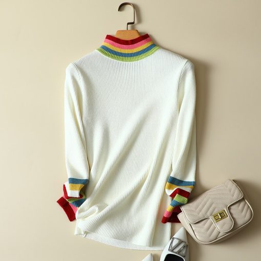 main image2Colorful Striped Knitted Turtleneck Women Sweater Pullovers Slim Office Lady Elegant Pulls Outwear Coats Tops