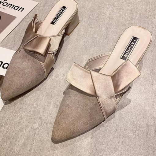 Pointed Toe Women Slippers Bow Slides Party Square High Heels Mules Shoes Elegant Mules Medium Heel