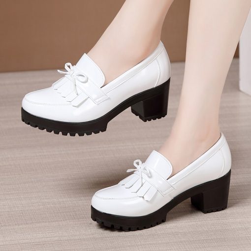 main image2Comemore Female Pumps Spring Slip on Tassels Medium Heels Oxford Women Shoes Woman Party Patent Leather