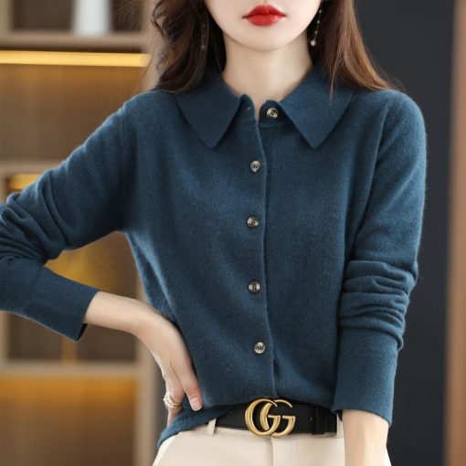 main image2Fine Imitation Wool Knit Cardigan Women Lapel Solid Color Sweater Fashion Chic Loose Tops Versatile Spring