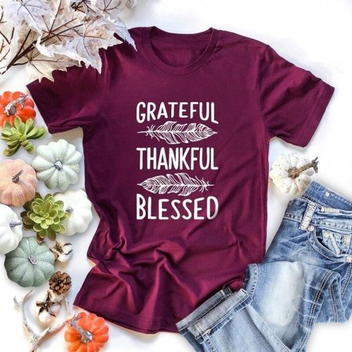 main image2Grateful Thankful Blessed Feather Print Women T Shirt Short Sleeve O Neck Loose Women Tshirt Ladies