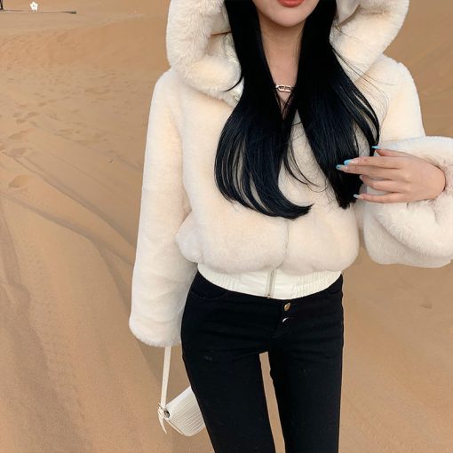 main image2High Quality Furry Cropped Faux Fur Coats and Jackets Women Fluffy Top Coat with Hooded Winter