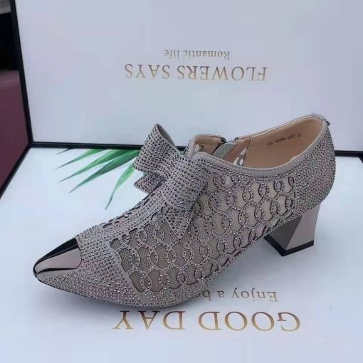 main image2Hollow Mesh Shoes Women s 2022 Summer Fashion Rhinestone Square Heel Pointed Toe Size 43 Zipper