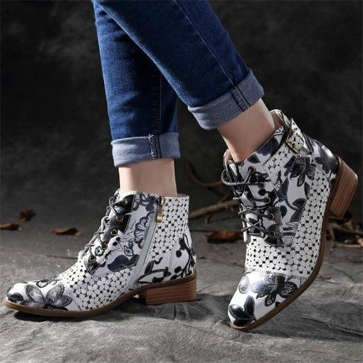 main image2Ink Painting Flower Pattern Ankle Boots Women s Cow Leather Splicing Lace Up Stitching Shoes Spring