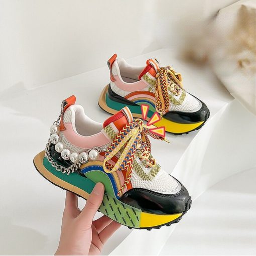 main image2New Lace Up Iridescent Pearl Chain Decorative Women s Vulcanized Shoes Women s Platform Sneakers Zapatos