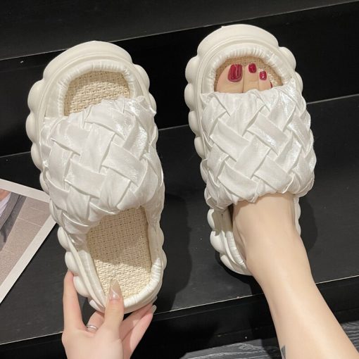 main image2Rimocy Design Weave Satin Platform Slippers for Women 2022 Summer Breathable Linen Sandals Woman Thick Soled