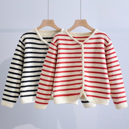 main image2Short Striped Knitted Women Sweater Cardigan Winter 2022 V Neck Long Sleeved Sweet Style Female Outwear