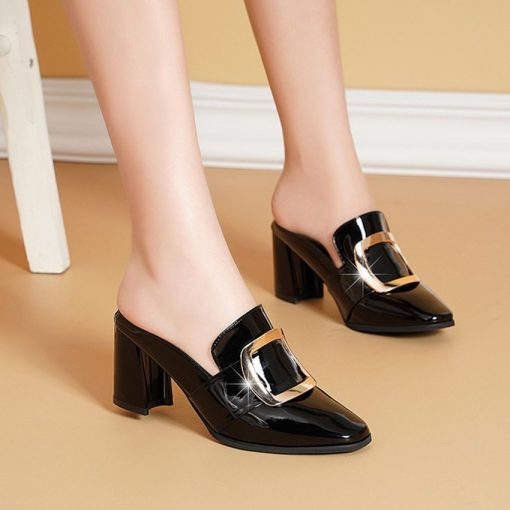 main image2Stylish Pointy Chunky Muller Heels Metal Decoration Women s Shoes Black White High Heel Stylish Patent