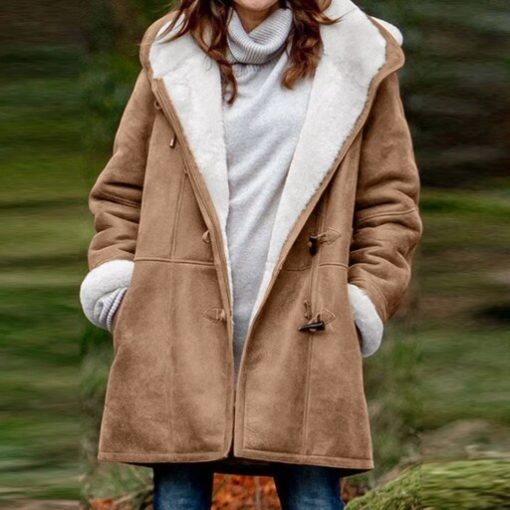 main image2Vintage Oversized Coats Winter Padded Jacket Women Long Sleeve Horn Buckle Pocket Overcoat Hooded Warm Coats