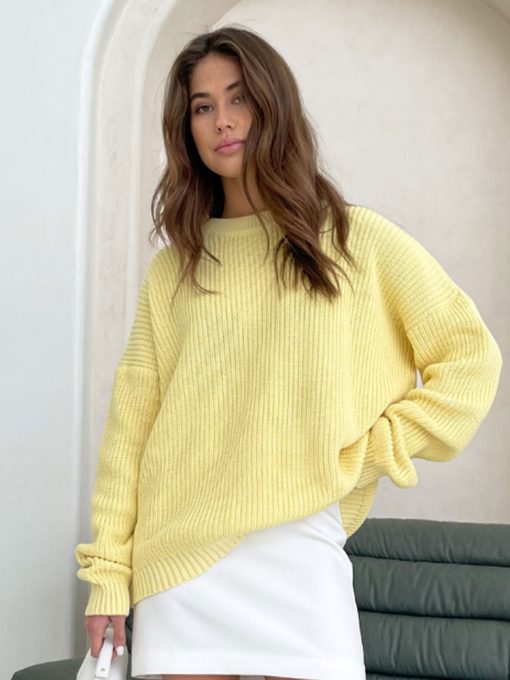 main image2Women Solid Elegant Sweater Pullovers Chic O neck Long Sleeve Knitted Sweaters 2022 Autumn Office Female
