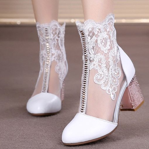 main image2Women s Spring Shoes Ladies Lace Genuine Leather Fashion Boots Female High Heels Round Toe Mid