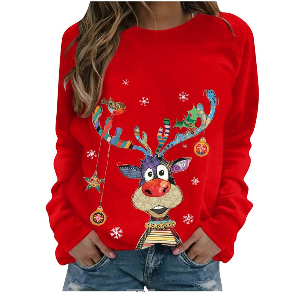 Women’s Christmas Reindeer Print Deer Xmas Party Sweaters – Miggon