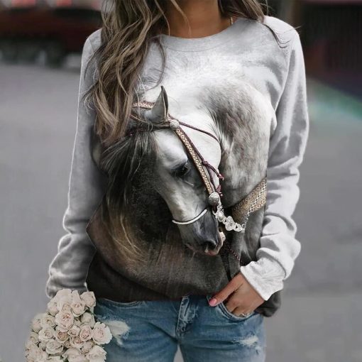 main image32022 New Winter Women s Vintage Tops Simple T shirt Autumn Animal Printed Pullover Round Neck