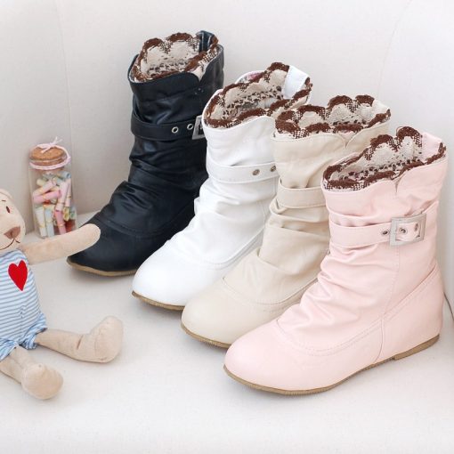 main image32022 new Women Boots Fashion Autumn Sweet Shoes Woman PU Leather Casual Buckle Lace Vintage Ankle