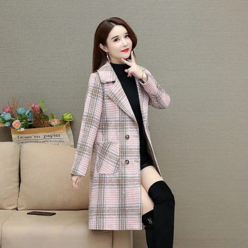 Blended Wool Coat Women Jacket Autumn Winter Mid-Long Plaid Thicken Warm Coats Jackets Ladies Double Breasted Woolen Outerwear