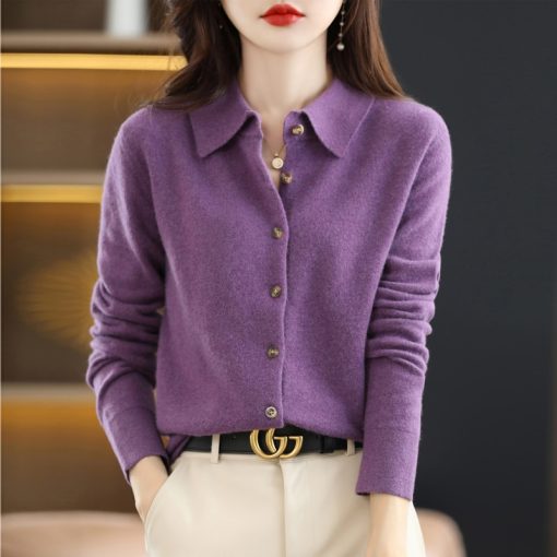 main image3Fine Imitation Wool Knit Cardigan Women Lapel Solid Color Sweater Fashion Chic Loose Tops Versatile Spring