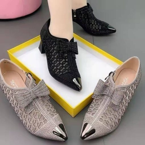 main image3Hollow Mesh Shoes Women s 2022 Summer Fashion Rhinestone Square Heel Pointed Toe Size 43 Zipper