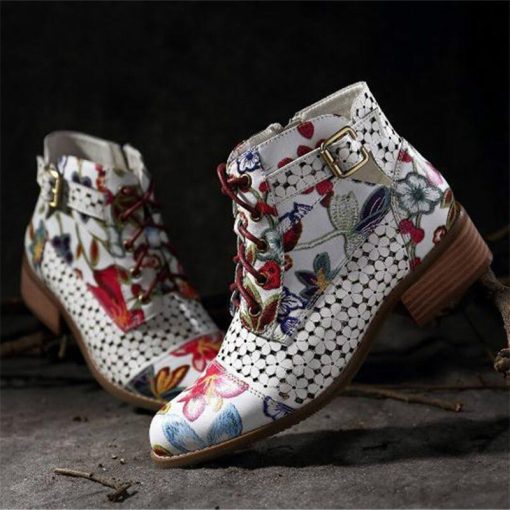 main image3Ink Painting Flower Pattern Ankle Boots Women s Cow Leather Splicing Lace Up Stitching Shoes Spring