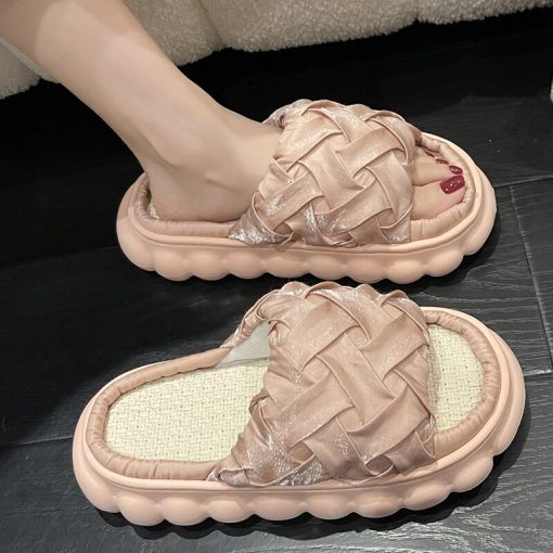 main image3Rimocy Design Weave Satin Platform Slippers for Women 2022 Summer Breathable Linen Sandals Woman Thick Soled