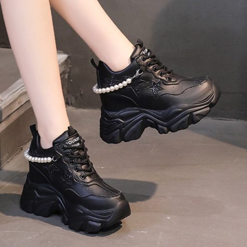 main image3Rimocy Shiny Sequins Chunky Platform Sneakers Women Breathable Lace Up Height Increase Shoes Woman Fashion Pearl