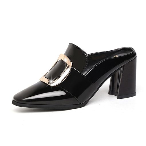 main image3Stylish Pointy Chunky Muller Heels Metal Decoration Women s Shoes Black White High Heel Stylish Patent