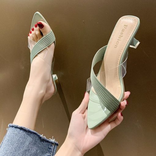Summer Women Yellow Green Beige Pumps Sandals For Ladies Sexy Mules High Heels Slip-on Slippers Slides Shoes New
