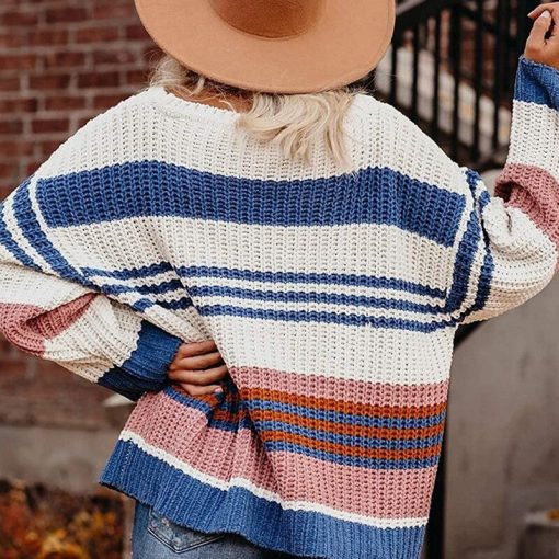 main image3Women Knitted Hoodie Fashion Lovely Chic Preppy Harajuku Long Sleeve O Neck Striped Color Block Girls