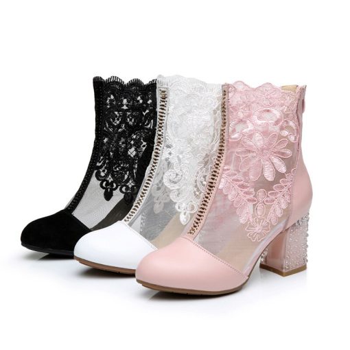 main image3Women s Spring Shoes Ladies Lace Genuine Leather Fashion Boots Female High Heels Round Toe Mid