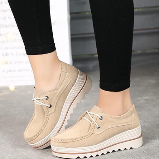 main image42020 Autumn Women Flats Thick Soled Leather Suede Platform Sneakers Shoes Female Casual Shoes Lace Up