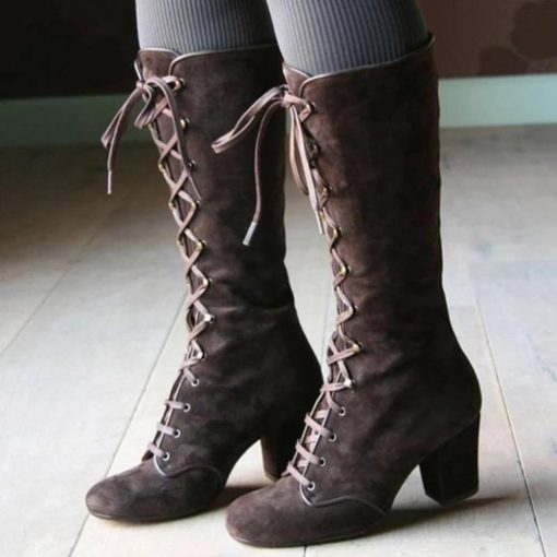 main image42020 Black boots women Shoes knee high Women Casual Vintage Retro Mid Calf Boots Lace Up