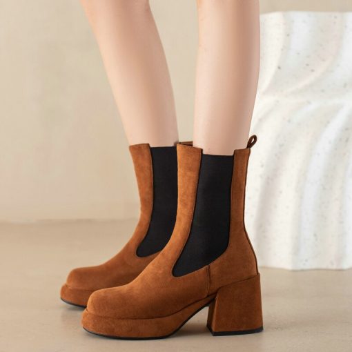main image42023 New Women Stretch Ankle Boots Cozy Square Heel Platfrom Chelsea Boots Fashion Classic Retro Western
