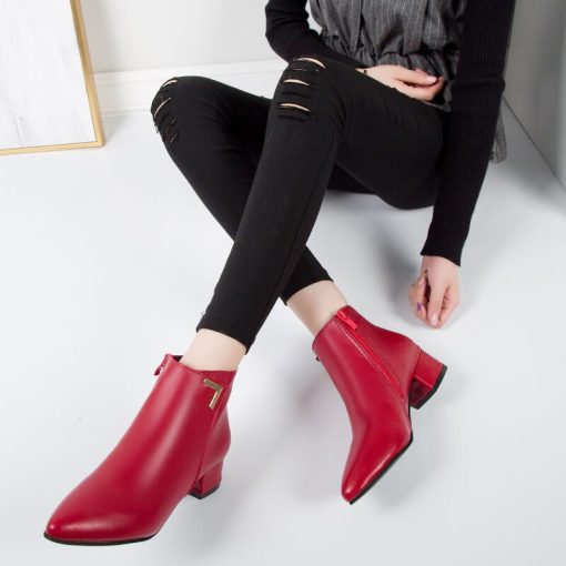 main image4Fashion Women Boots Casual Leather Low High Heels Spring Shoes Woman Pointed Toe Rubber Ankle Boots